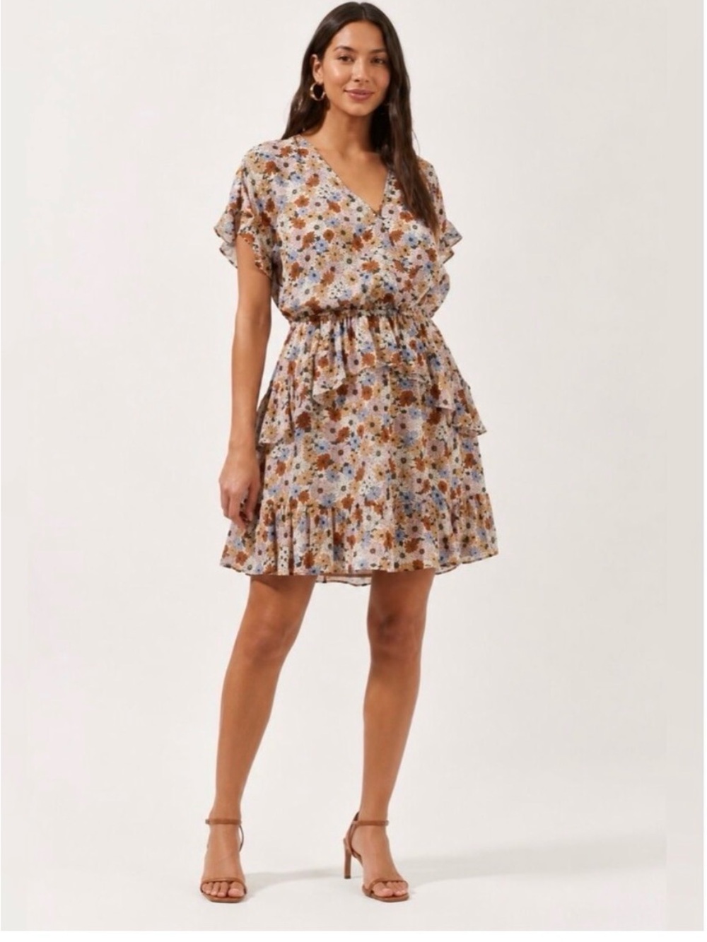 Astr Floral Tiered V-Neck Mini Dress in Beige, Blue, and Brown Sz XS